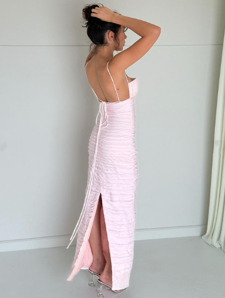 Pink Spaghetti Straps Pleated Long Prom Dresses Wedding Guest Dresses