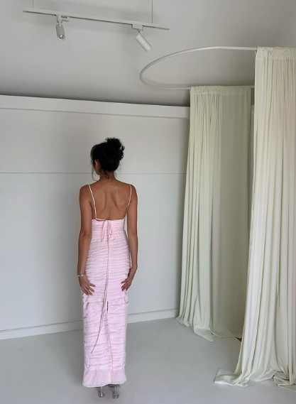 Pink Spaghetti Straps Pleated Long Prom Dresses Wedding Guest Dresses