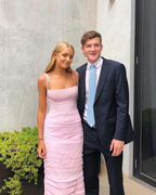 Pink Spaghetti Straps Pleated Long Prom Dresses Wedding Guest Dresses