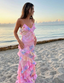Pink Spaghetti Straps Backless Ruffles Long Prom Dresses