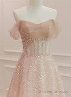 Pink Sparkle Tulle with Beadings Long A-line Formal Dress, Pink Tulle Sweetheart Prom Dress