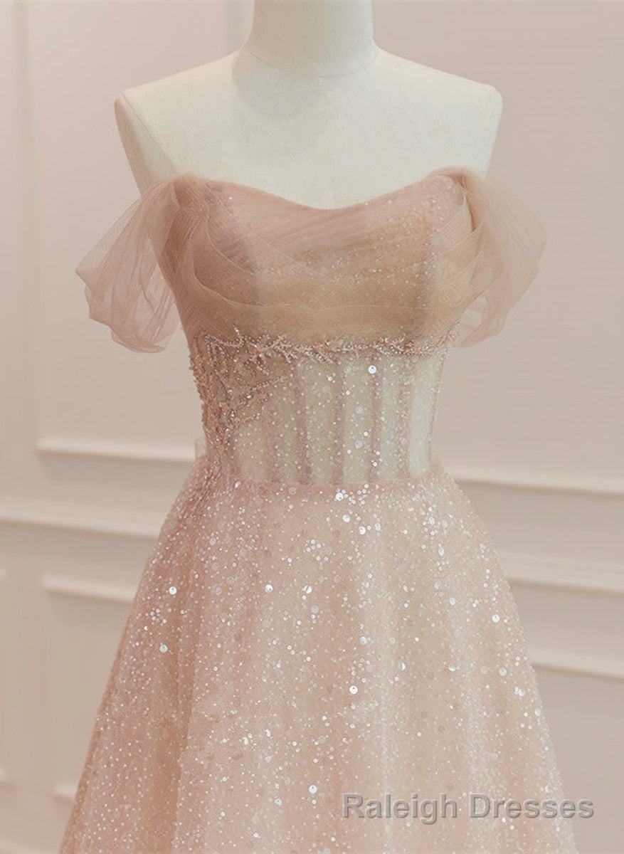 Pink Sparkle Tulle with Beadings Long A-line Formal Dress, Pink Tulle Sweetheart Prom Dress