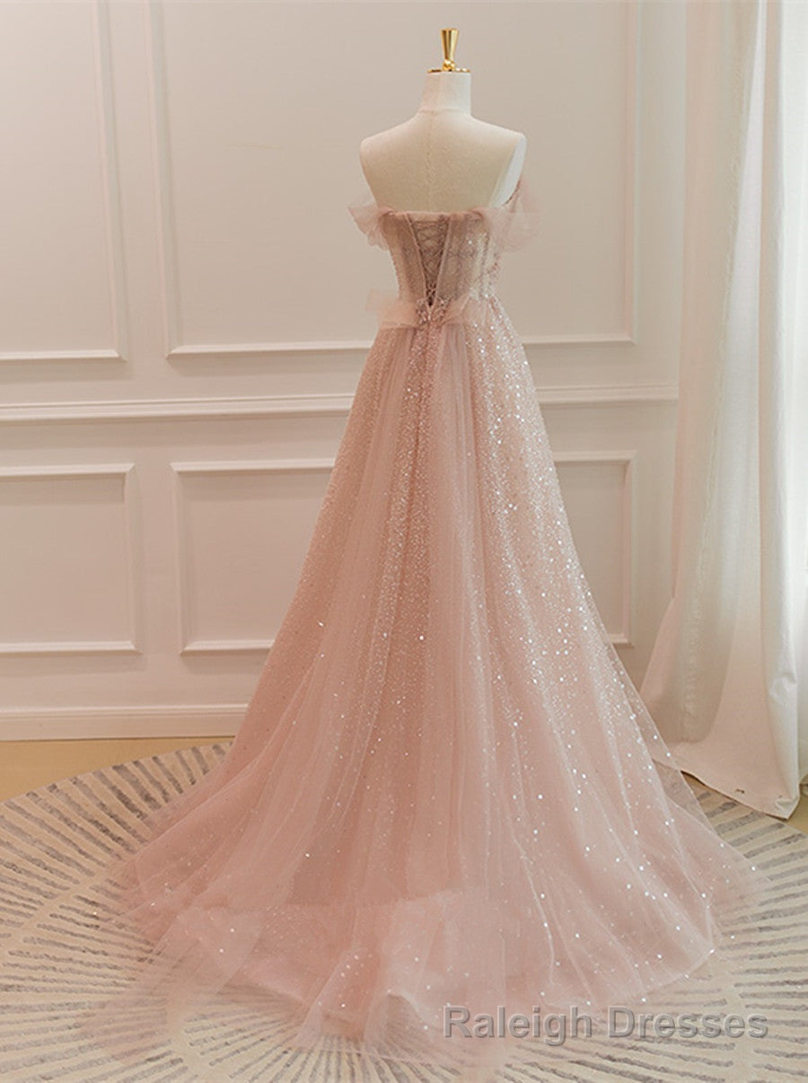 Pink Sparkle Tulle with Beadings Long A Line Formal Dress, Pink Tulle Sweetheart Prom Dress Secondary image