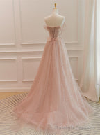 Pink Sparkle Tulle with Beadings Long A Line Formal Dress, Pink Tulle Sweetheart Prom Dress