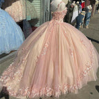 Pink Sparkly Quinceanera Prom Dress Lace Flower Sweet 16 Tulle Prom Ball Gowns