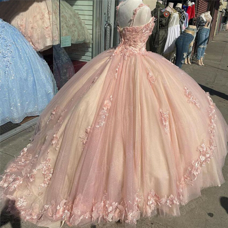 Pink Sparkly Quinceanera Prom Dress Lace Flower Sweet 16 Tulle Prom Ball Gowns