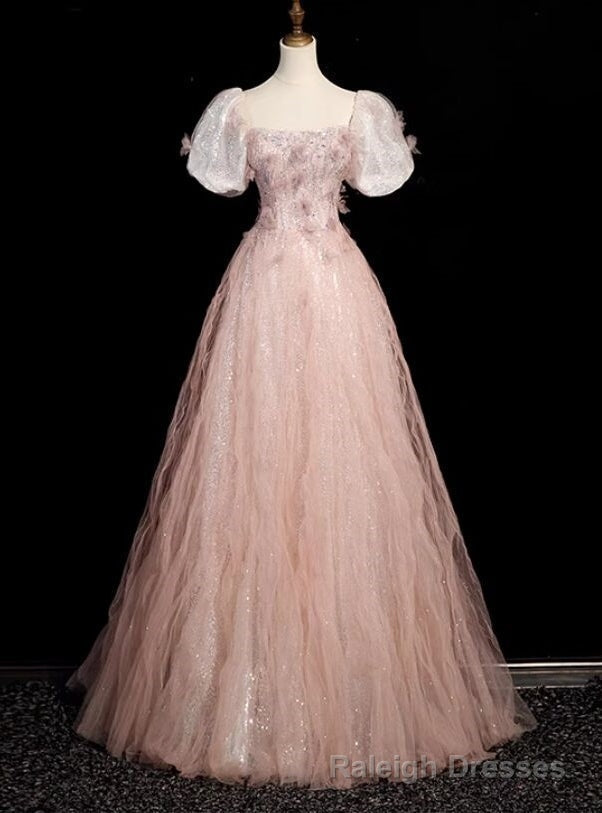Pink Square Neck Tulle Sequins Puff Sleeve Beading Prom Dress Main image
