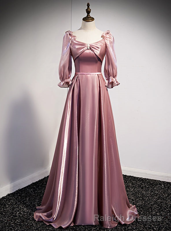 Pink Square Short Sleeve Pearls Prom Dress Main image