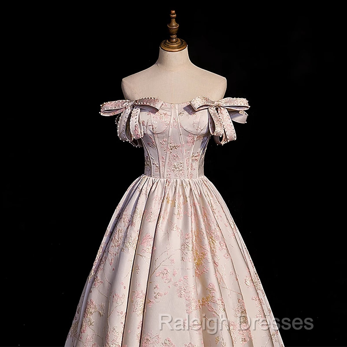 Pink Statin Off Shoulder Floral Long Prom Dresses Pink Sweetheart Prom Dresseses