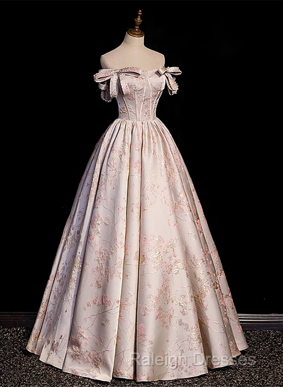 Pink Statin Off Shoulder Floral Long Prom Dresses Pink Sweetheart Prom Dresseses