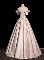 Pink Statin Off Shoulder Floral Long Prom Dresses Pink Sweetheart Prom Dresseses