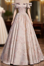 Pink Statin Off Shoulder Floral Long Prom Dresses Pink Sweetheart Prom Dresseses
