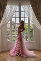 Elegant Pink Strapless 3D Flowers Tulle Mermaid Prom Dresses Long With Slit