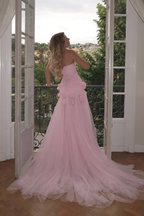 Elegant Pink Strapless 3D Flowers Tulle Mermaid Prom Dresses Long With Slit