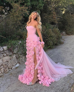 Elegant Pink Strapless 3D Flowers Tulle Mermaid Prom Dresses Long With Slit