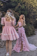 Elegant Pink Strapless 3D Flowers Tulle Mermaid Prom Dresses Long With Slit