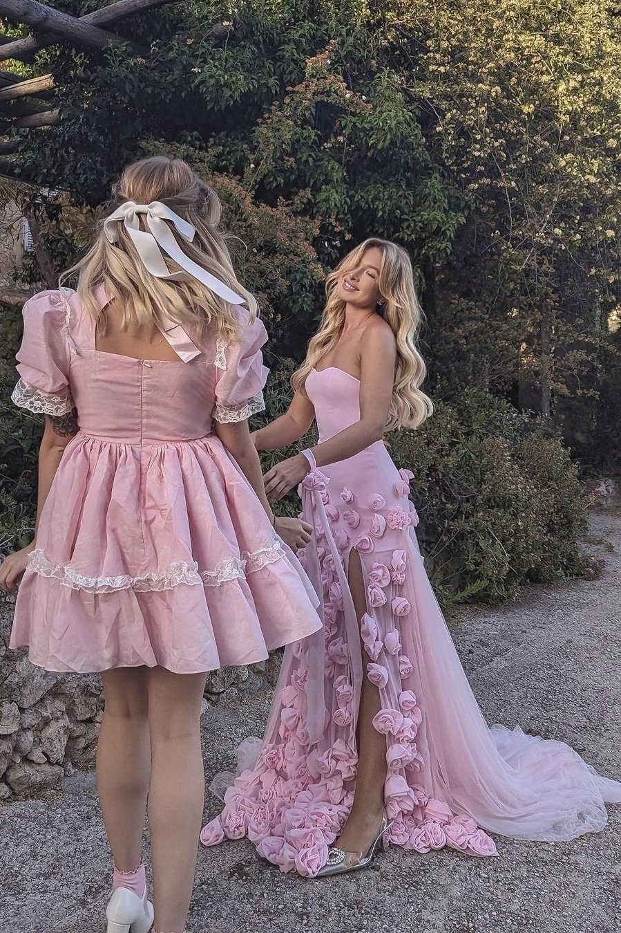 Elegant Pink Strapless 3D Flowers Tulle Mermaid Prom Dresses Long With Slit