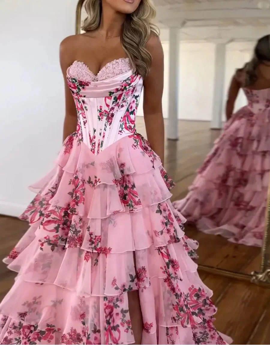 Pink Strapless A-Line Printing Tiered Chiffon Floral Long Prom Dresses