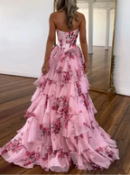 Pink Strapless A-Line Printing Tiered Chiffon Floral Long Prom Dresses