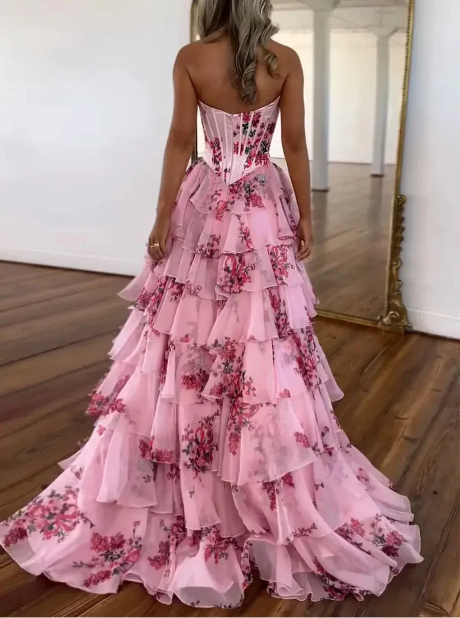 Pink Strapless A-Line Printing Tiered Chiffon Floral Long Prom Dresses
