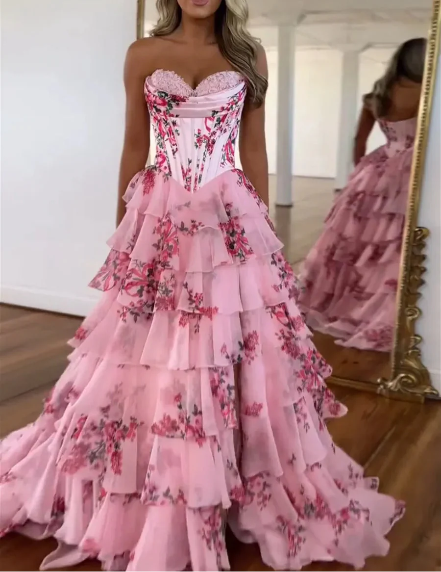 Pink Strapless A-Line Printing Tiered Chiffon Floral Long Prom Dresses