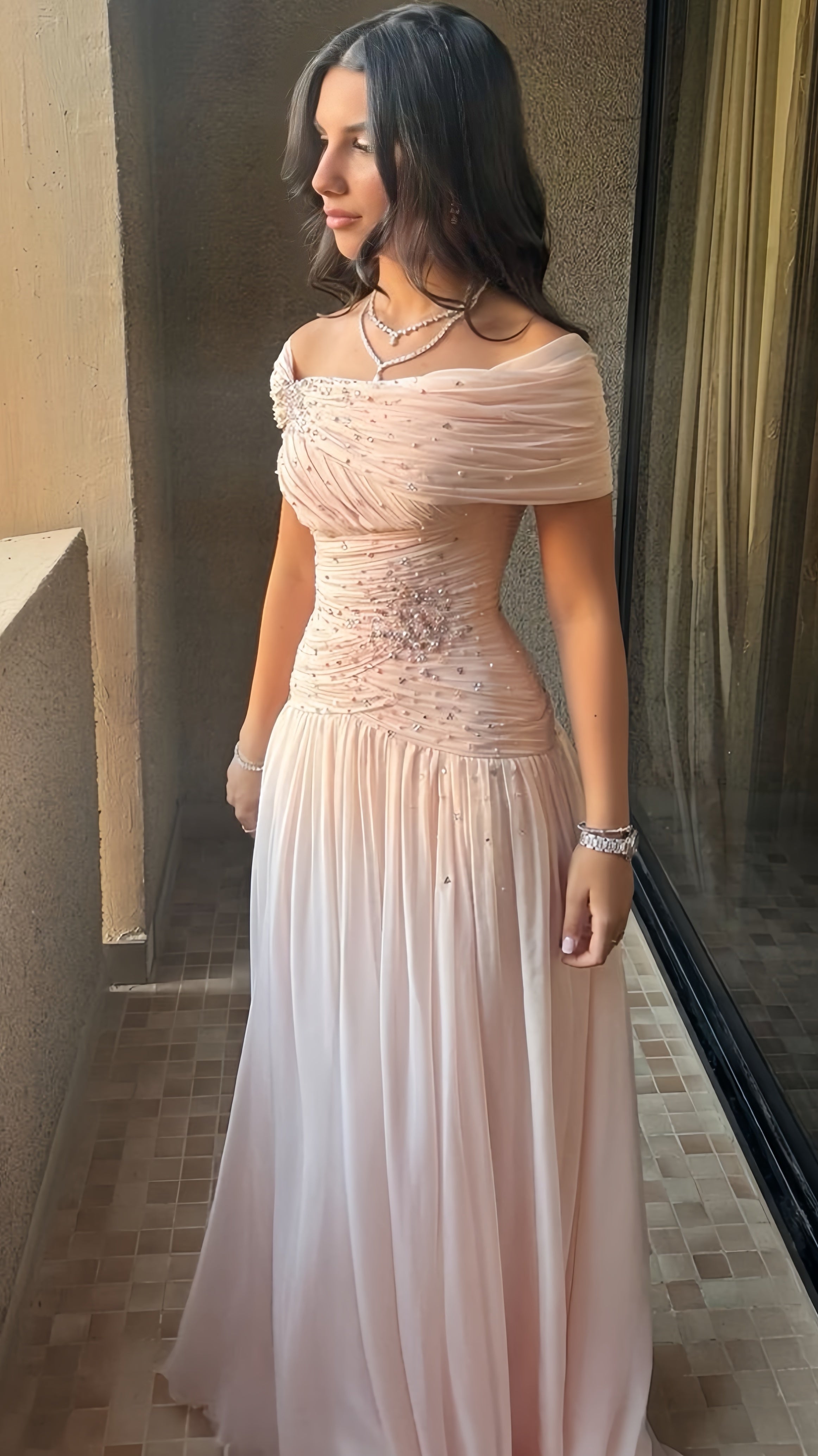 Off The Shoulder Pink Evening Prom Dress With Pearl Beaded Main image