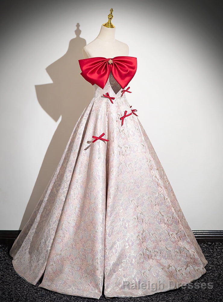 Pink Strapless Red Bow Prom Dress Main image