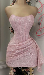 Pink Strapless Sequins Prom Dresses Mini Homecoming Dresses Birthday Outfits