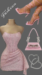 Pink Strapless Sequins Prom Dresses Mini Homecoming Dresses Birthday Outfits