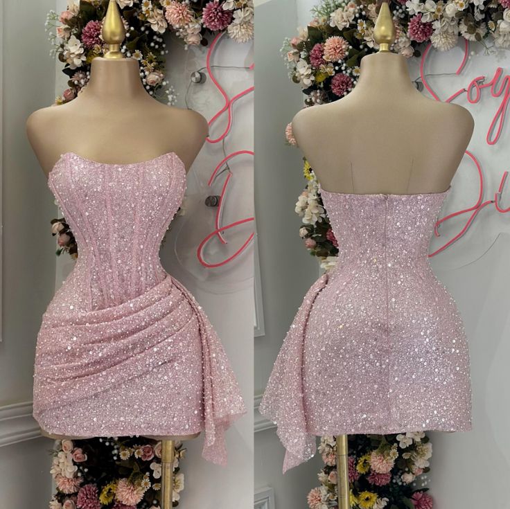 Pink Strapless Sequins Prom Dresses Mini Homecoming Dresses Birthday Outfits Main image