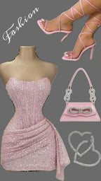Pink Strapless Sequins Prom Dresses Mini Hoco Dresses Birthday Outfits