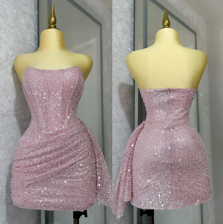 Pink Strapless Sequins Prom Dresses Mini Hoco Dresses Birthday Outfits