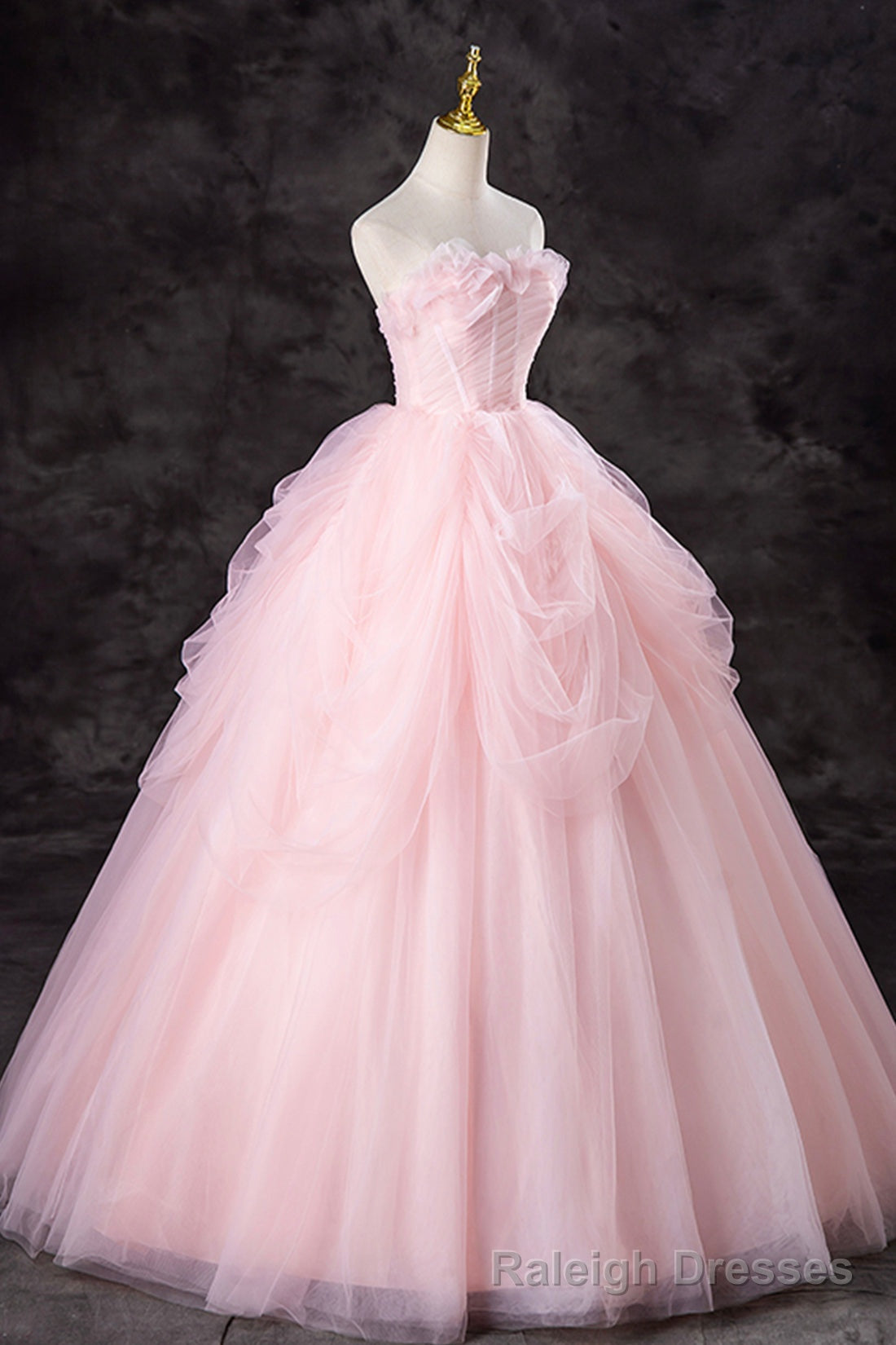 Pink Strapless Tulle Floor Length Prom Dress, Lovely A-Line Evening Party Dress