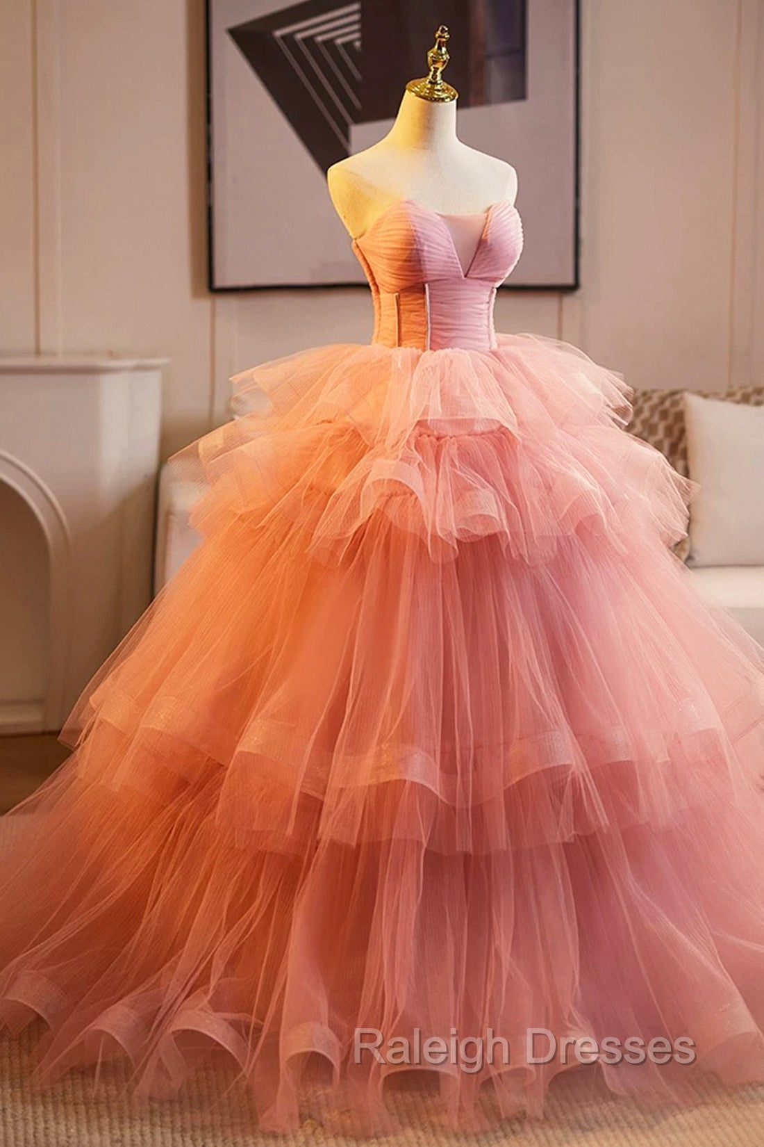 Pink Strapless Tulle Layers Ruffles Long Prom Evening Dress, Pink Sweet 16 Dress Secondary image