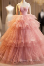 Pink Strapless Tulle Layers Ruffles Long Prom Evening Dress, Pink Sweet 16 Dress