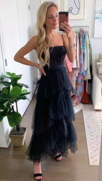 Pink Spaghetti Straps Tulle Prom Dresses Long Prom Dress Ruffles Full Length Dress