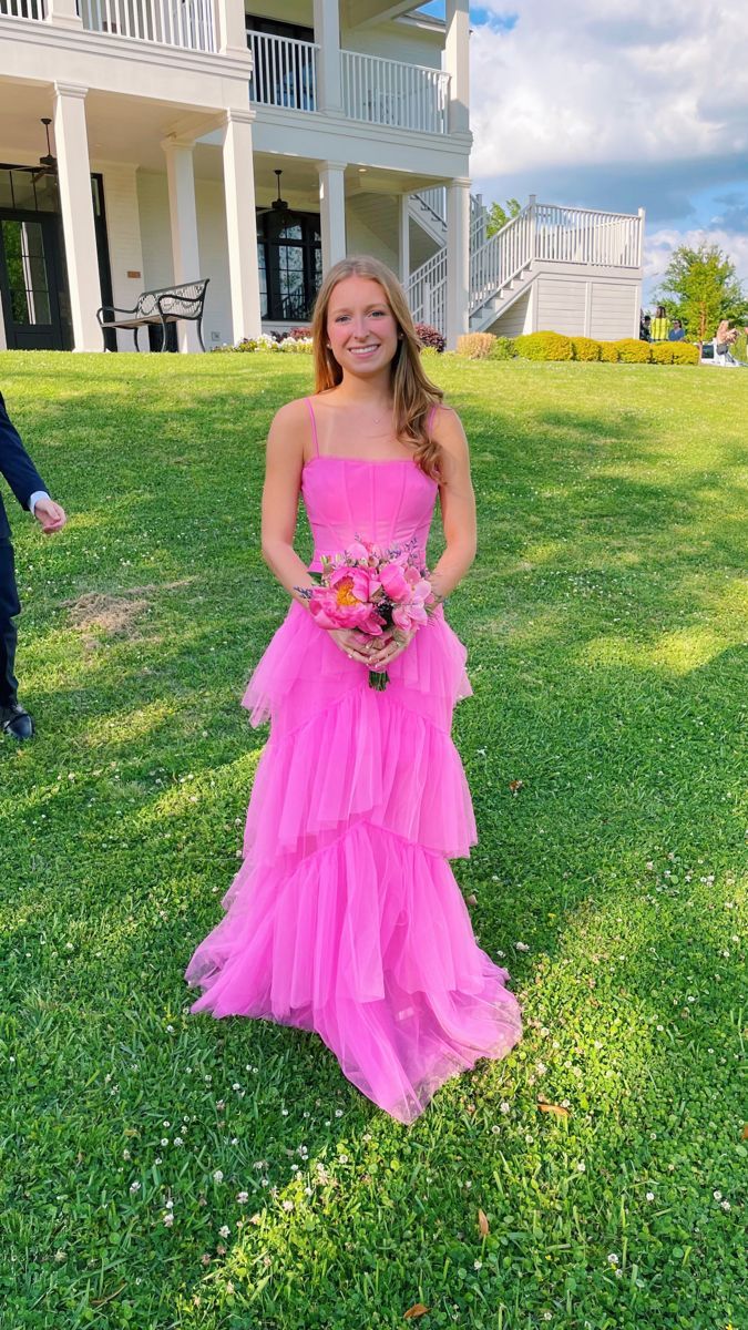 Pink Spaghetti Straps Tulle Prom Dresses Long Prom Dress Ruffles Full Length Dress