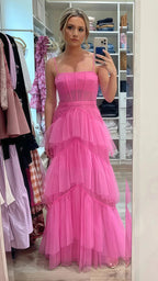 Pink Spaghetti Straps Tulle Prom Dresses Long Prom Dress Ruffles Full Length Dress