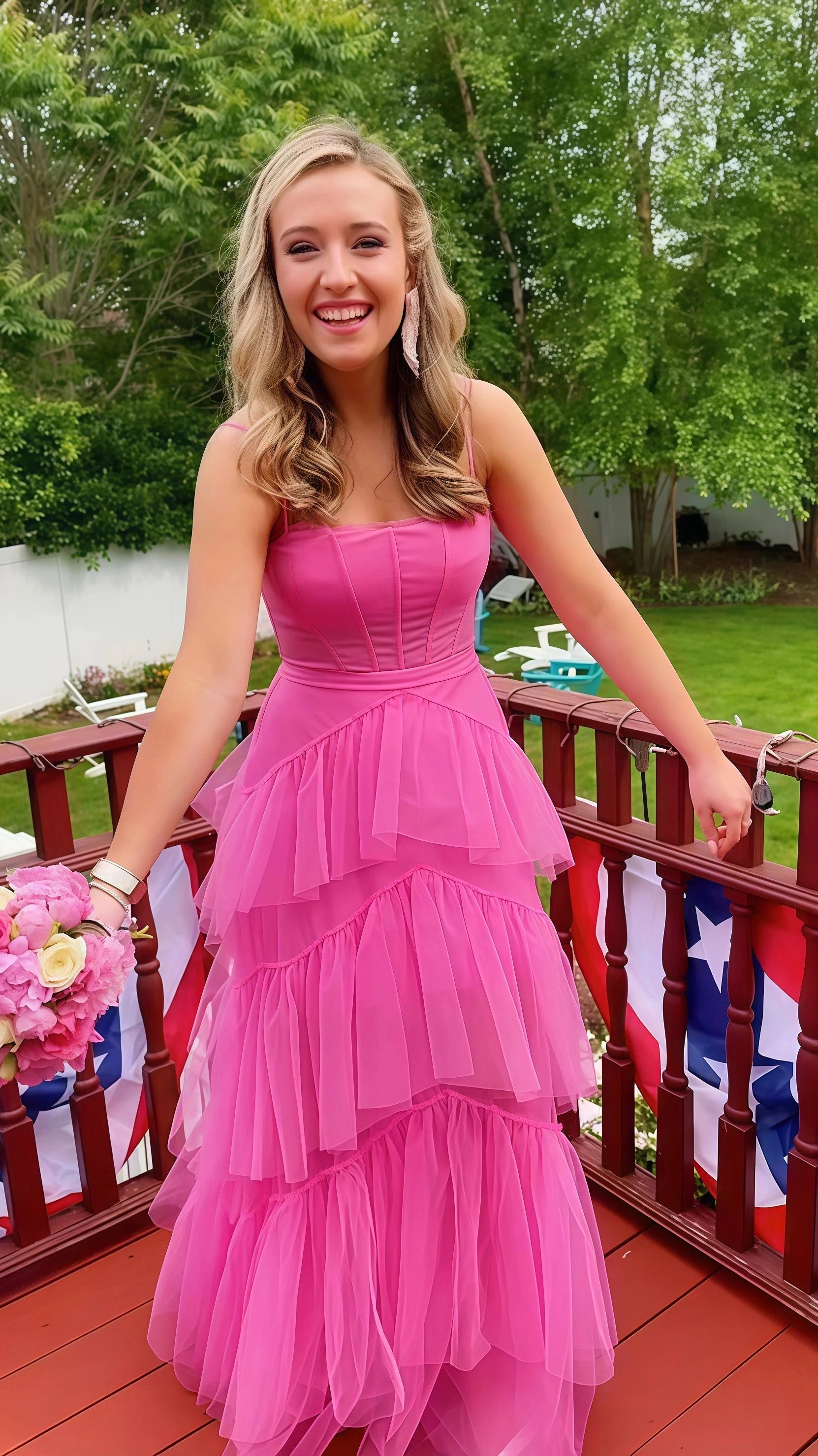 Pink Spaghetti Straps Tulle Prom Dresses Long Prom Dress Ruffles Full Length Dress