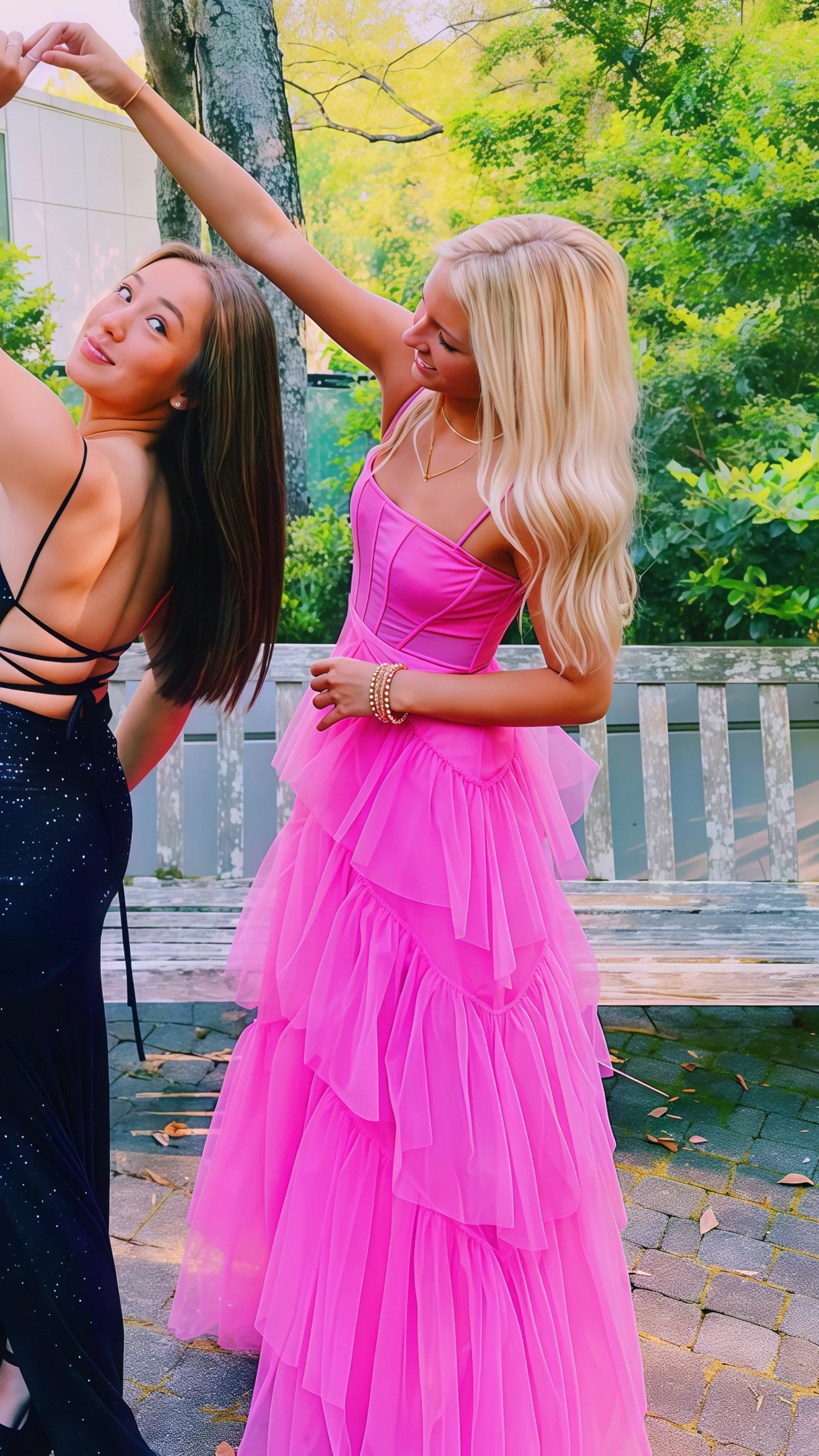Pink Spaghetti Straps Tulle Prom Dresses Long Prom Dress Ruffles Full Length Dress