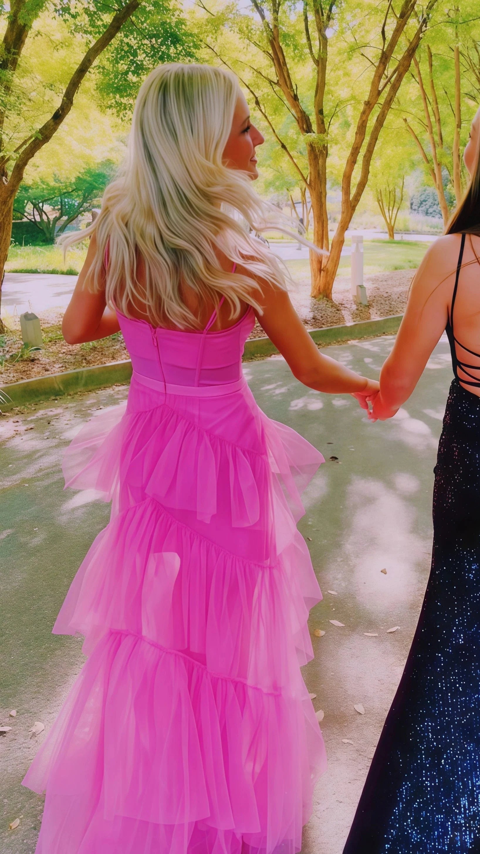 Pink Spaghetti Straps Tulle Prom Dresses Long Prom Dress Ruffles Full Length Dress
