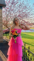 Pink Spaghetti Straps Tulle Prom Dresses Long Prom Dress Ruffles Full Length Dress
