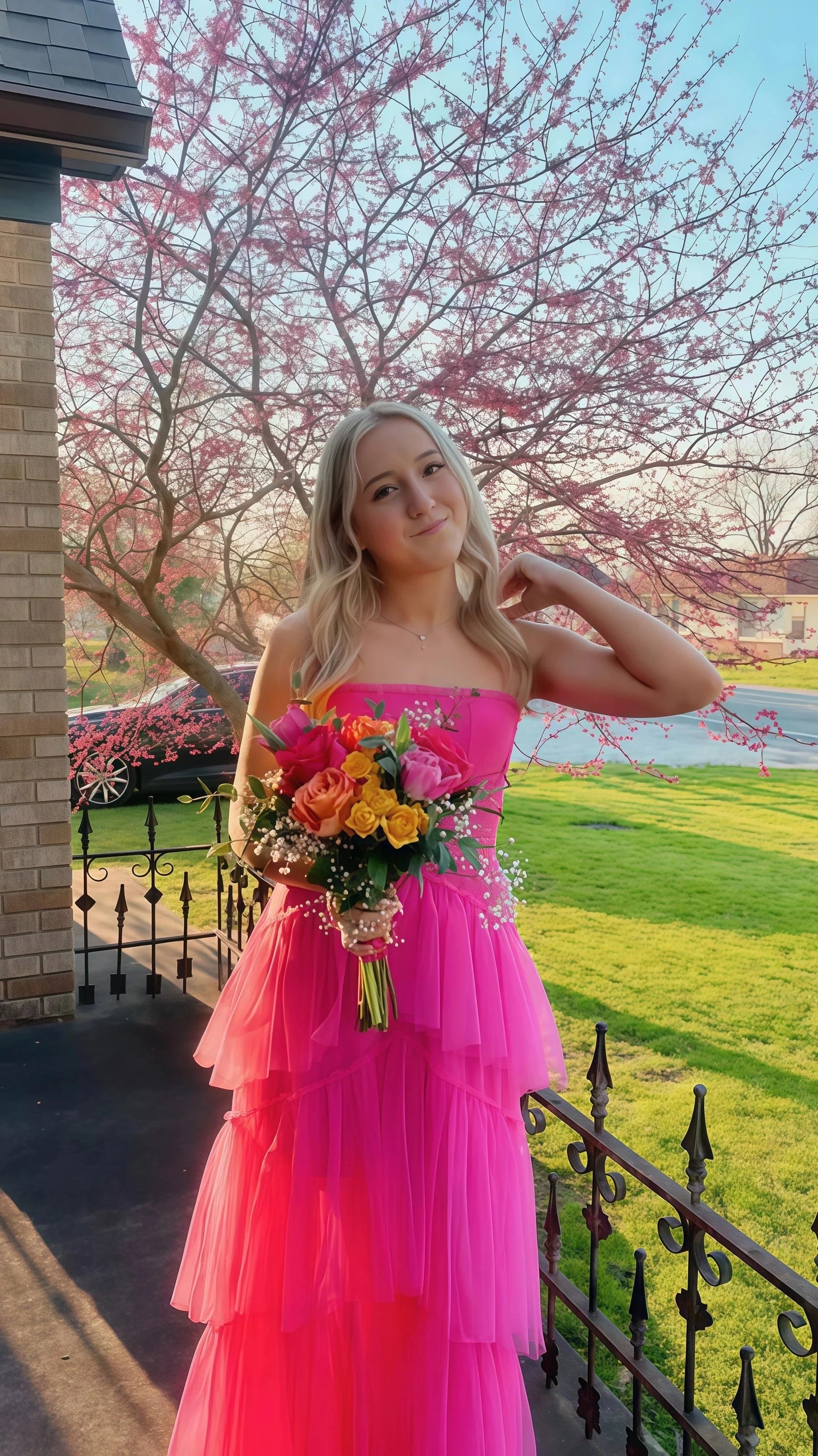 Pink Spaghetti Straps Tulle Prom Dresses Long Prom Dress Ruffles Full Length Dress