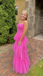Pink Spaghetti Straps Tulle Prom Dresses Long Prom Dress Ruffles Full Length Dress