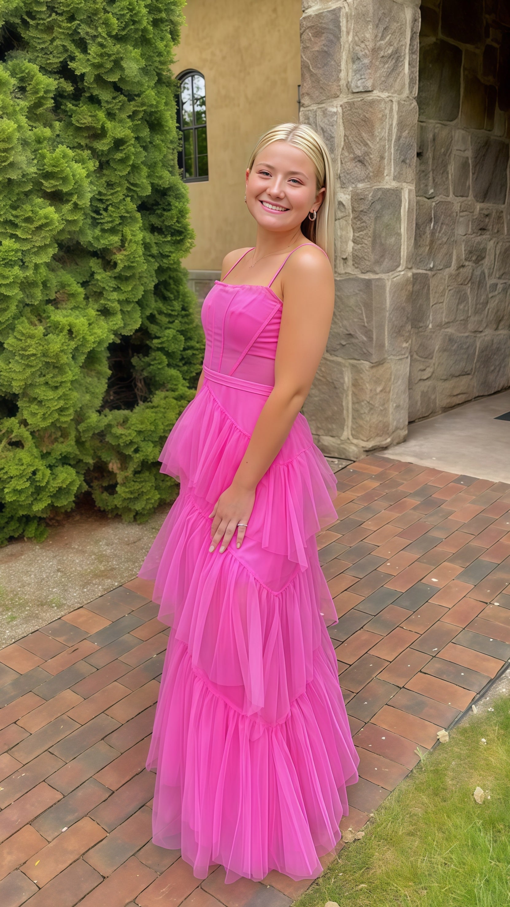 Pink Spaghetti Straps Tulle Prom Dresses Long Prom Dress Ruffles Full Length Dress