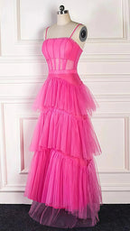 Pink Spaghetti Straps Tulle Prom Dresses Long Prom Dress Ruffles Full Length Dress