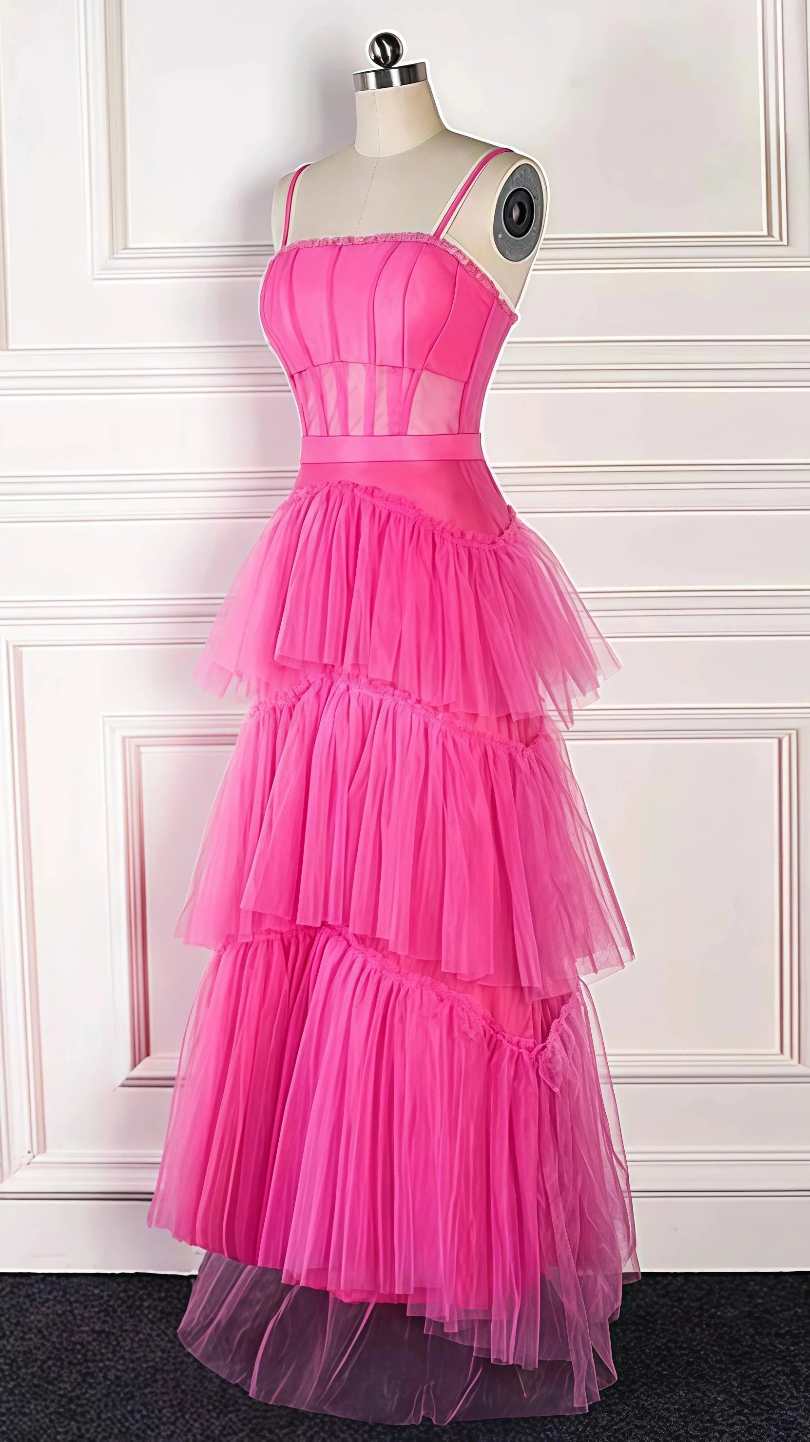 Pink Spaghetti Straps Tulle Prom Dresses Long Prom Dress Ruffles Full Length Dress
