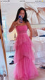 Pink Spaghetti Straps Tulle Prom Dresses Long Prom Dress Ruffles Full Length Dress