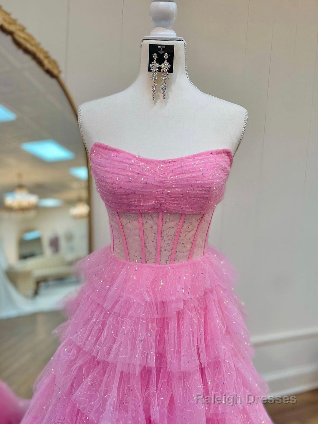Pink Strapless Tulle Sparkle Floor Length Prom Dress, Beautiful A-Line Evening Party Dress Secondary image