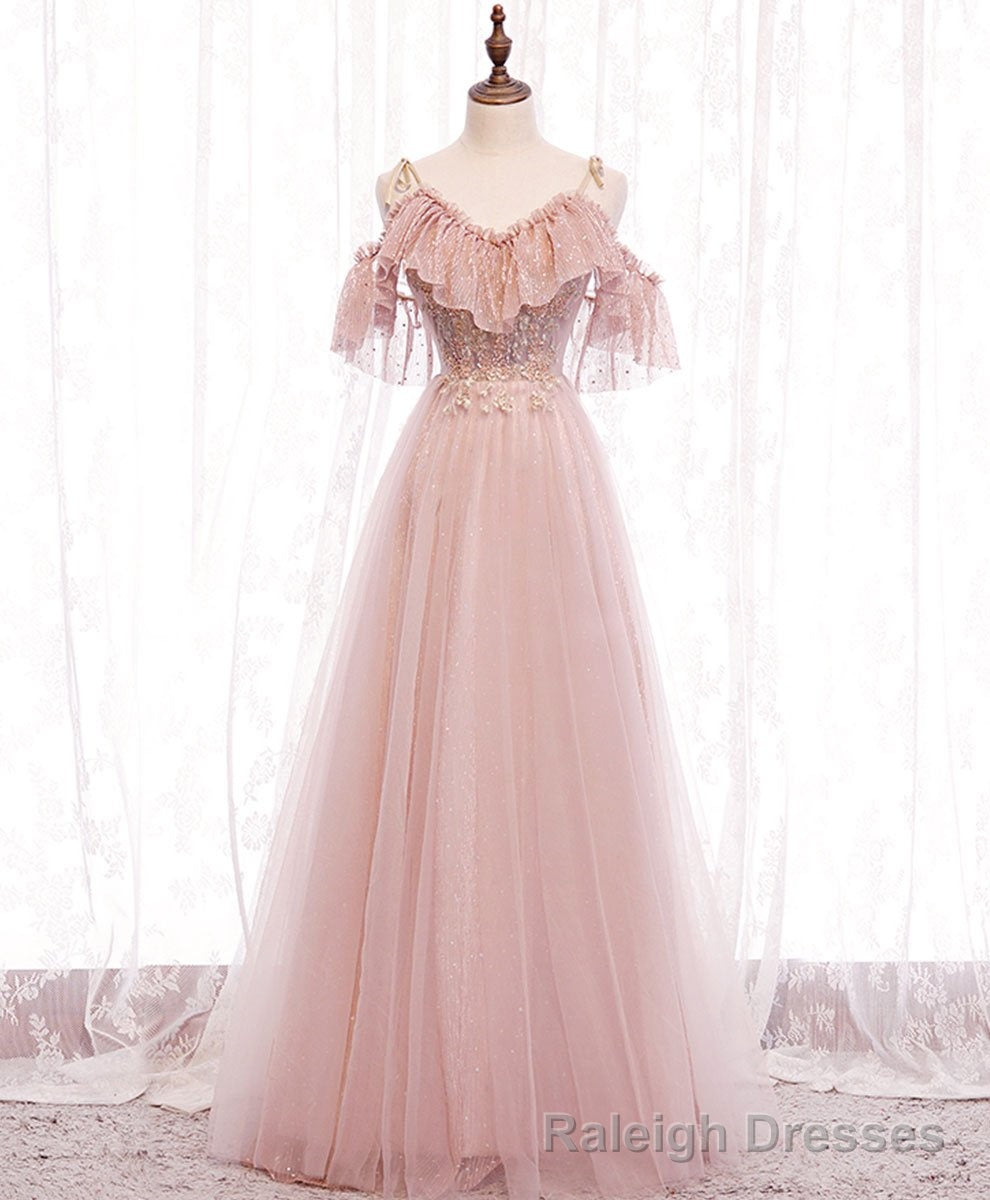 Pink Straps Lace Top Tulle Off Shoulder Prom Dresses, Pink A Line Formal Dresses Main image